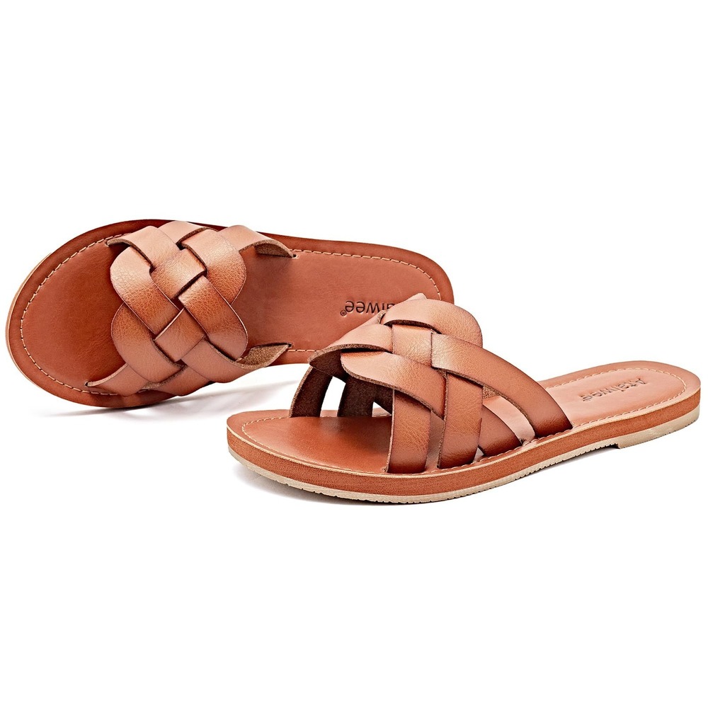 Ataiwee Woven Strap Slide Sandals Casual Flat Slip On Summer Shoes Brown 7.5